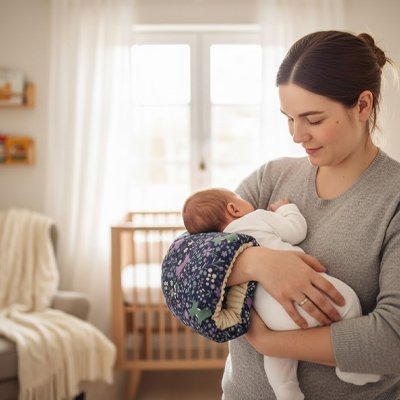 Coussin d'allaitement maman tient son bébé debout.