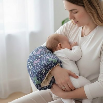 Coussin d'allaitement avec maman assise et son bébé qui dort.