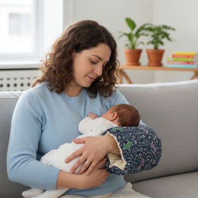 Coussin d'allaitement bébé confortablement dort dans les bras  de maman.
